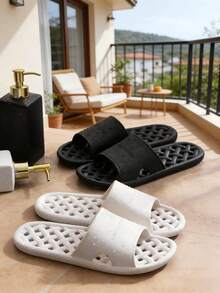 PVC Hollow Breathable Bathroom Slippers, Non-Slip Soft Bottom Quick-Dry Unisex Home Shower Flip Flops - Black - View 2