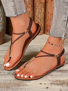 Sandal đế bằng quai chữ T trang trí kim loại dành cho nữ, dép xỏ ngón quai ngang co giãn, giày La Mã thường ngày cho kỳ nghỉ hè đi biển. - Cà phê nâu - Xem 5