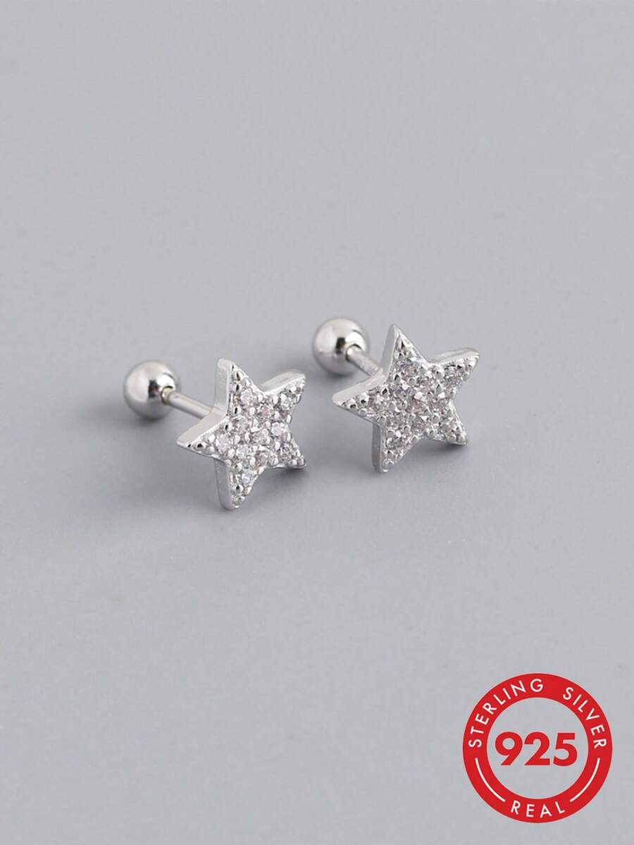 1對簡約時尚925純銀星形鑽石耳釘,適合女性日常穿戴、婚禮訂婚新娘飾品 - RS0028-S - 查看 1