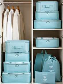 7件套旅行收纳袋，多功能拉链储物袋，大容量整理袋，手提旅行包，束口袋，网袋，化妆包，鞋袋，水瓶套，防水洗漱包 - 彩色 - 查看 2