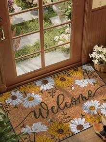 1pc Interesting Daisy "Hello" Floral Print Doormat, Yellow Minimalist Short Plush Quick-Dry Non-Slip Washable Entrance Mat, Spring Patio Decor, Home Decor, Suitable For Kitchen, Bathroom, Dining Room, Hallway, Party, All Seasons, Patio Atmosphere Decor, Summer Patio Supplies - 1PC - View 1