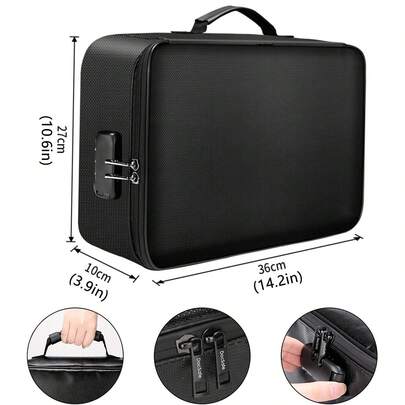 Large Capacity File Organizer,36x27x10cm ,Fireproof Waterproof Document Organizer & Laptop Case, Large Briefcase Style Box With Lock,Multi-Layer File Organizer With 16 Card Slots & Mesh Pockets, Multi-Pocket Money Storage Bag For Passport, Certificates & Valuables, Home Office Travel Money Pouch,Black