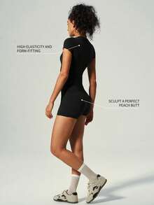 UONNOU 2 piezas Conjunto de verano para mujer, Blusa de manga corta + Shorts con bolsillo, Moldeador de abdomen y cadera, Tela suave, Yoga Gimnasio Deportes diarios - Negro - Ver 5