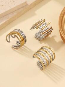 Bộ 3 chiếc nhẫn bằng thép không gỉ mạ vàng và bạc, thích hợp để phụ nữ đeo hàng ngày hoặc làm quà tặng, kích thước nhẫn có thể điều chỉnh. - vàng và bạc - Xem 3