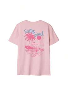 Women's Pink Salty Soul Palm Tree Graphic T-Shirt, Oversized Short Sleeve Tee, Vacation Outfits Women, Back To School Clothes, Fall Casual Top - 粉色 - 查看 5