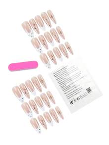 30pcs Long Pointed/Cute Cat Claw Shaped Fake Nail Stickers, Adorable & Soft Style - Multicolor - View 5