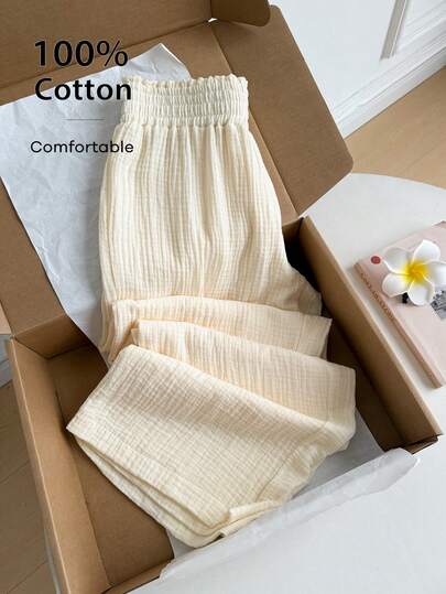 Quần nữ ống rộng cạp cao màu trơn, dáng rộng thoải mái, phong cách thường ngày