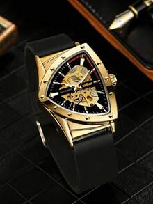1pc Men's Gold Sports Triangle Hollow Automatic Mechanical Watch, Luminous Hands, Rubber Strap, Fashion Business Men's Watch Gift - Gold - View 4