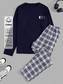 Men Letter Printed Long Sleeve Regular T-Shirt And Pants Loungewear Set - Black and White - View 6