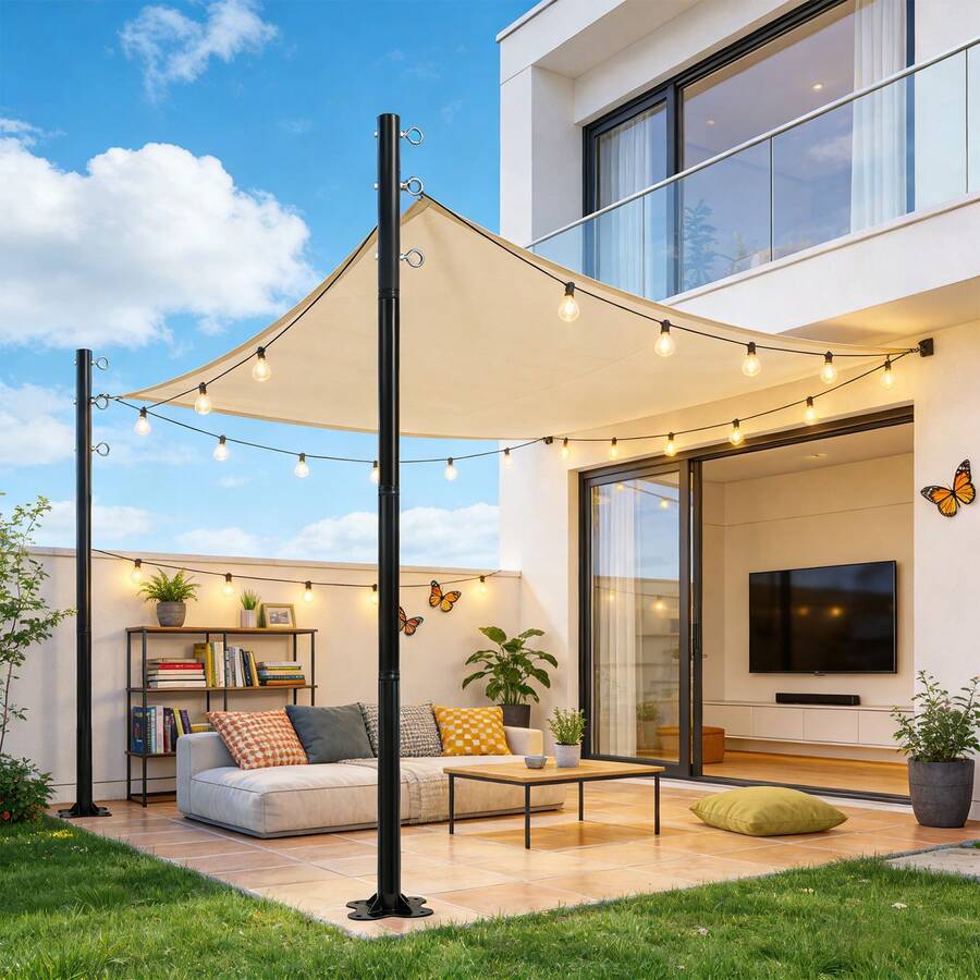 2 Pack 12ft Heavy Duty Shade Sail Poles(Not Including Shade Sail And String Lights)  With Spiral Anchor & D-Clamps, Outdoor Sun Shade Support Poles For String Lights, Patio, Backyard, Garden, Lawn, Terrace, Camping And Outdoor Decoration - Đen - Xem 1