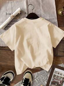 Bộ 2 món cho bé gái: Áo thun ngắn tay + quần short họa tiết da báo, họa tiết bốt denim sáng tạo, trang phục thường ngày đi học, trang phục dã ngoại mùa xuân/hè. - Màu be - Xem 6