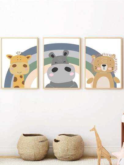 1pc Framed Canvas Wall Art, Jungle Adventure, Rainbow, Giraffe, Hippo, Decor For Boys Room, Boho Style Poster, Nursery Wall Decor, Kids Room Poster, Bedroom Decor, Bathroom Decor, Preschool Decoration, Baby Gift, Waterproof