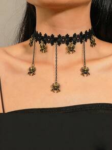 1pc Women's Vintage Spider Lace Chain Necklace, Gothic Choker Collar Necklace For Halloween - Multicolor - View 4