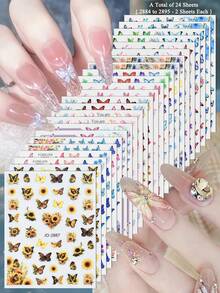 3/6/12/24/18 piezas Juego de pegatinas de arte de uñas vintage con mariposas y flores, pegatinas elegantes de diseño de arte de uñas - Multicolor - Ver 19