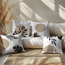 4pcs Set Minimalist Daily Khaki Abstract Geometric Line Leaf Throw Pillow Covers, Single-Sided Printed Peach Velvet Polyester, 45*45CM/18*18inch Cushion Covers For Room Decor, Modern Minimalist Sofa Living Room Decoration, Gift, Party - Multicolor - View 8