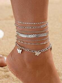 7/19 piezas Elegante conjunto de tobilleras bohemias multicapa con corazones y mariposas, accesorios para mujer para playa, uso diario, regalo de cumpleaños o Día de la Madre - Plateado - Ver 8