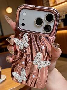 Funda de teléfono de lujo con efecto electrochapado y plisado 3D compatible con Apple y - Oro rosa - Ver 2