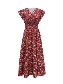 Đầm ngắn tay cổ chữ V in họa tiết phong cách Bohemian dành cho nữ, với viền bèo nhún và chi tiết xếp ly, thanh lịch, thích hợp cho kỳ nghỉ. Màu đỏ quyến rũ. - Đỏ - Xem 5