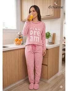 Pink Dream Plaid Women's Long Nightwear Pajamas, Comfortable Knit Fabric For Cool Weather - Màu Hồng baby - Xem 1