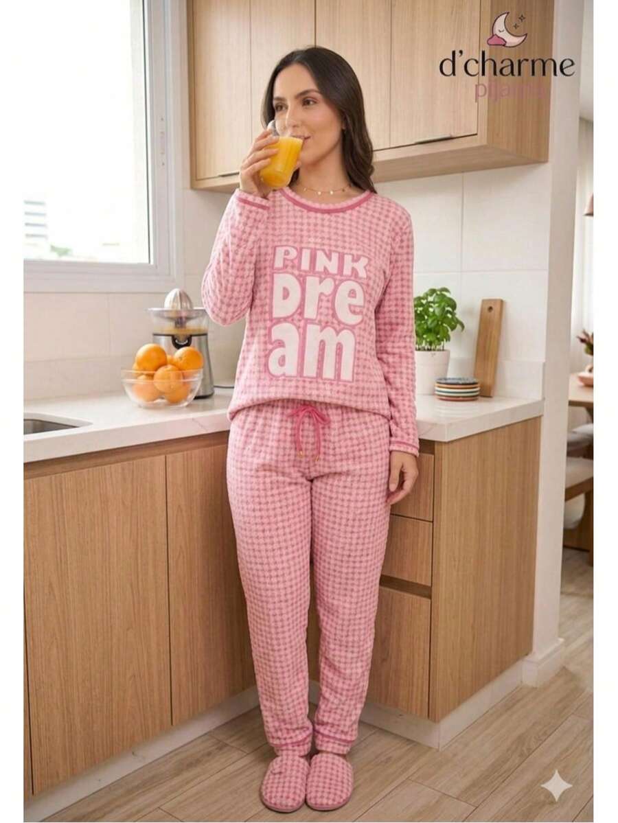 Pink Dream Plaid Women's Long Nightwear Pajamas, Comfortable Knit Fabric For Cool Weather - Màu Hồng baby - Xem 1