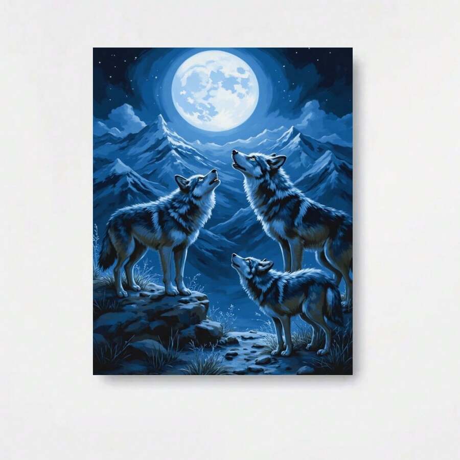 Kit de 1 pieza para pintar por números de lobo bajo la luna, adecuado para adultos y principiantes, arte DIY de lobo y montaña en noche estrellada con lienzo prenumerado, pinturas incluidas - tela sin marco para regalo de decoración del hogar, para pinturas con temática de naturaleza - Enmarcado - Ver 1