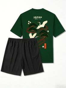 2 piezas Conjunto de estilo japonés para hombres con estampado de grulla y árbol de pino, camiseta de manga corta + pantalones cortos casuales, conjunto de ropa deportiva casual de verano - Verde - Ver 3