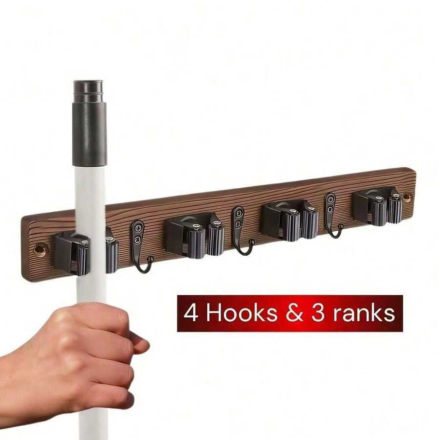 Adhesive-Free Wooden Broom Holder, Wall Mount Storage Rack For Bathroom, Kitchen & Garage, Tool Organization For Mops, Brooms & Garden Tools