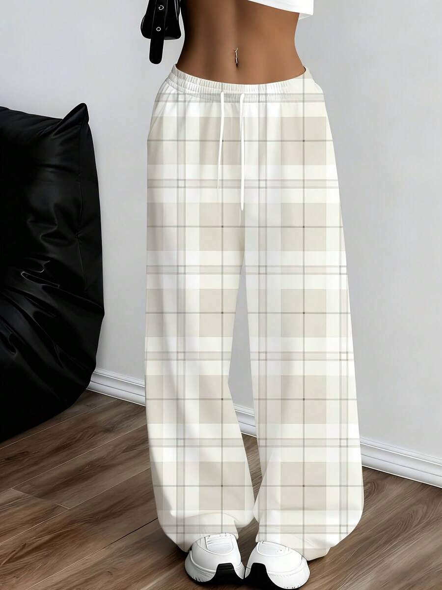Casual Loose Fit Wide Leg Pants Cream Color Plaid Pattern Comfortable Sweatpants For Leisure And Sports Activities - 彩色 - 查看 1