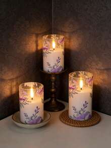 3pcs Flickering Flameless Candles With Timer And Remote Control, Battery Operated Candles With Rose Print, Suitable For Tabletop Centerpiece Decor, Christmas, Halloween, Valentine's Day, Mother's Day, Dining Table, Room Decor, Wedding, Party, Gift, Holiday Atmosphere Decoration - Violet - View 4