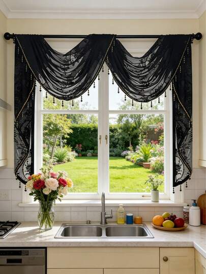 1 pieza Cortina de encaje negro francés con volantes y borlas - Patrón de bordado floral, ribete de cuentas negras, tela de encaje suave, borla de cortina elegante adecuada para cocina, baño, dormitorio, barra de ventana