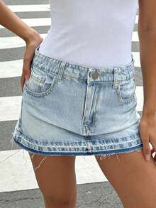 浅色水洗牛仔迷你裙，低腰直筒性感款式 - 淺色水洗藍 - 查看 6