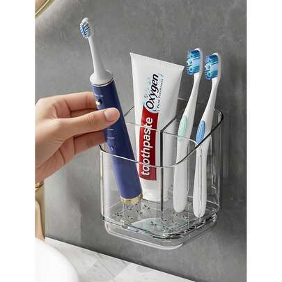 1pc Transparent Toothbrush Holder Wall Mount Storage Rack, Creative No-Drill Bathroom Organizer For Toothbrush, Comb, Razor