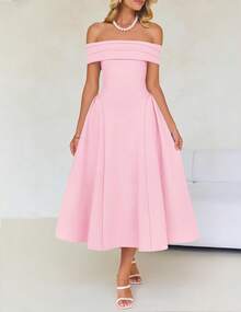 ZESICA Summer 2026 Cocktail Dresses For Women's Off Shoulder Short Sleeve Swing A Line Wedding Evening Party Midi Dress - Hồng - Xem 9