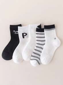 5 Pairs Boys' Thin Breathable Casual Sports Socks With Letter Print, Black & White, Versatile For Spring & Summer - Multicolor - View 10