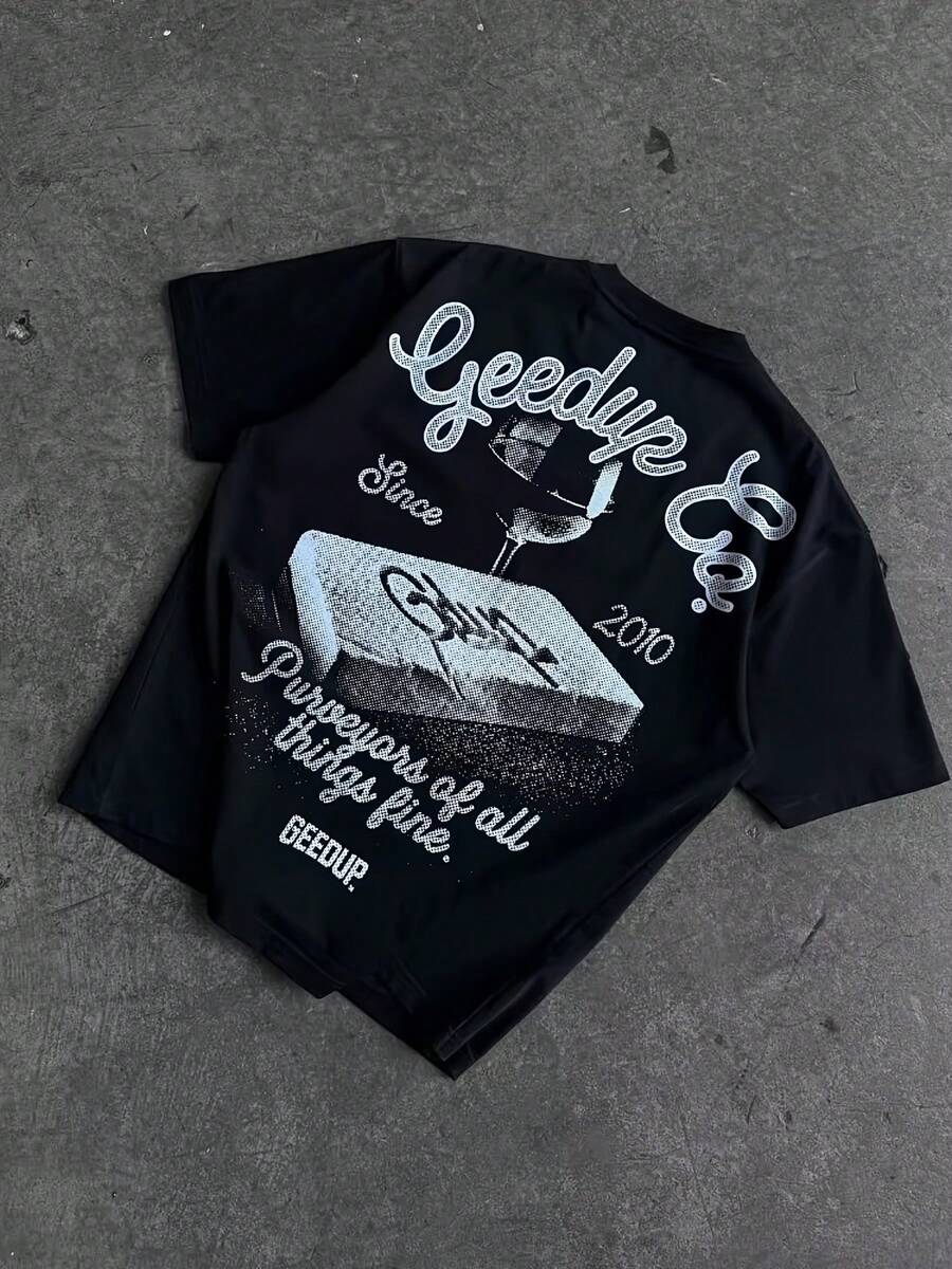 Men's & Unisex Harajuku Retro Y2K Streetwear T-Shirt With Geedup Japanese KANJI LETTERING & Logo Graphic - Soft Comfortable Crew Neck Tee For Casual Summer Wear, J-Pop Fashion Collectible Apparel - Black - View 1