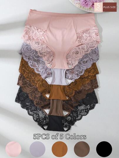 5pcs/Pack Plus Size Women's Solid Color Lace Patchwork Comfortable Sexy Briefs