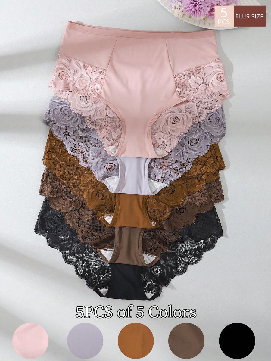5pcs/Pack Plus Size Women's Solid Color Lace Patchwork Comfortable Sexy Briefs - Multicolor - View 1