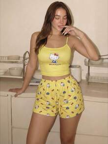 SANRIO 2026夏季女款两件套Hello Kitty联名黄色印花吊带背心和短裤睡衣套装，可爱休闲睡衣家居服，Y2K - 黃色 - 查看 5