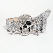 1 Peça Cinto de Denim Masculino Estilo Punk Rock Y2K Prata com Fivela de Metal Crânio Incrustada de Strass, Acessório Versátil para Uso Diário - Caveira prateada - Visão 7