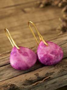 1 paire de boucles d'oreilles élégantes en pierre naturelle en forme de larme, pendentif macaron violet à la mode, bijoux plaqués or 18K, accessoires pour vacances & rendez-vous - Prune - View 4