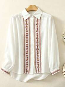 Blus Kasual Bordir Bergaya Vintage, Atasan Lengan Panjang - Krem - View 7