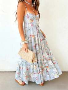 Women's Summer Floral Print Backless Spaghetti Strap Maxi Dress Elegant Sleeveless Long Flowy Dress For Vacation Date Night Beach Wedding Guest - 藍色 - 查看 3