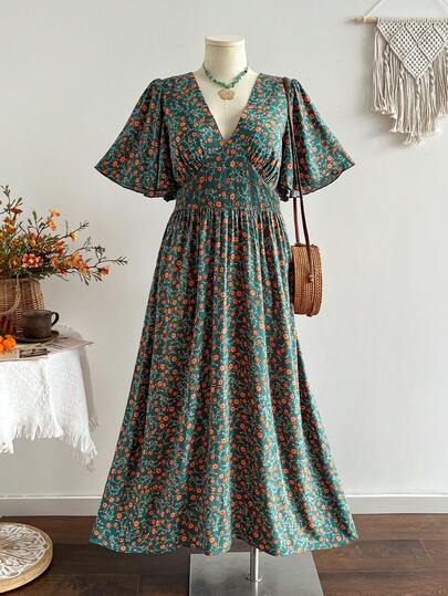 Rusttydustty Đầm nữ phong cách Bohemian retro kẻ sọc cổ chữ V thắt eo, đầm thường ngày thanh lịch, thích hợp cho các lễ hội âm nhạc.