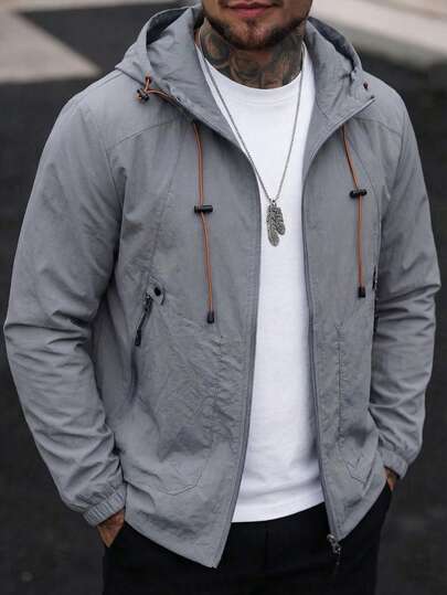 1pc Men's Gray Crinkle Texture Hooded Zip-Up Jacket, Raglan Sleeve Design, Lightweight & Comfortable, Machine Washable & Dryable, Urban Casual Style Outerwear, Suitable For Daily Commute And Outdoor Leisure Wear