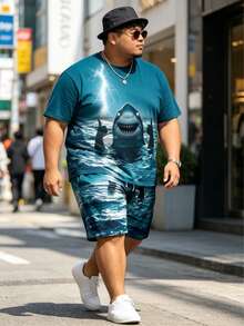 趣味海洋鲨鱼印花加大码男士宽松短袖短裤套装，2件套夏季时尚度假T恤套装，休闲日常及运动百搭短袖套装，适合高个及超重男士夏季穿着 - 彩色 - 查看 3