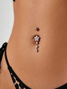 1 chiếc khuyên rốn bằng thép không gỉ hình hoa mai đính đá Zirconia, kiểu dáng gợi cảm, thích hợp đeo hàng ngày. - Bạc - Xem 1