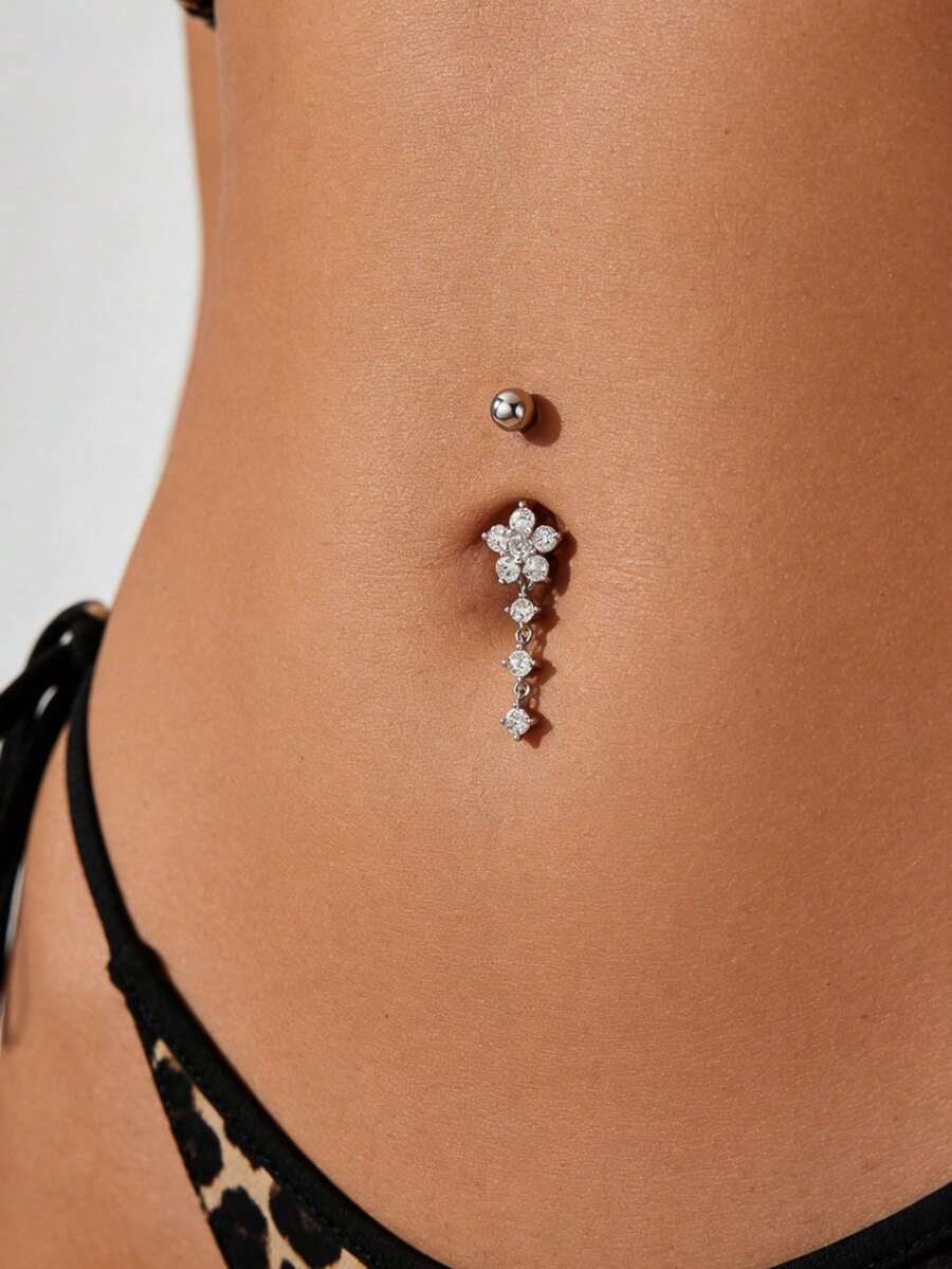 1 chiếc khuyên rốn bằng thép không gỉ hình hoa mai đính đá Zirconia, kiểu dáng gợi cảm, thích hợp đeo hàng ngày. - Bạc - Xem 1