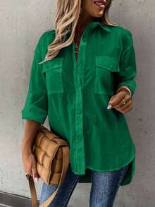 Plus Size Women's Solid Color Casual Turndown Collar Tie-Front Long Sleeve Shirt - Green - View 3