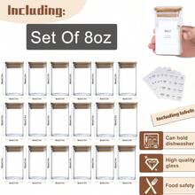 8-Ounce Square Glass Spice Storage Jar With Bamboo Sealing Lid - Food Storage Container, Pre-Filled Waterproof Minimalist Label - For Kitchen Storage, Spices, Herbs, Salt Jar. - Trong sáng - Xem 8