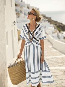 Navy Striped Wrap Dress, Women V-Neck Short Sleeve Bohemian Style Loose Casual Dress - Blue and White - View 6